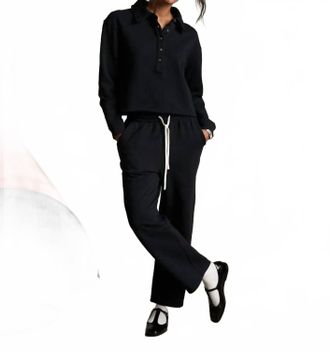 perfectwhitetee Vinny Fleece Henley Top In True Black