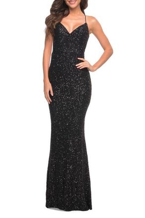 La Femme Luxurious Soft Sequin Dress with V Neckline in Black at Nordstrom, Size 00