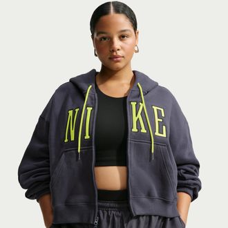 Nike Womens Studio Fleece Medium Weight Oversized Full-Zip Cropped Hoodie (Plus Size) in Grey | IU8324-013
