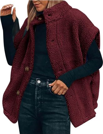 Generic Womens Fuzzy Sherpa Fleece Vest Thickened Plush Gilet Oversized Lightweight Trendy Sleeveless Jacket Vests Warm Button Down Cardigan Stand Collar Gile
