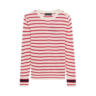 Brooks Brothers Gestreept tricot met ronde hals en gouden logoknopen - Dames - Ronde hals truien - Rood - M - Katoen - Truien & Vesten