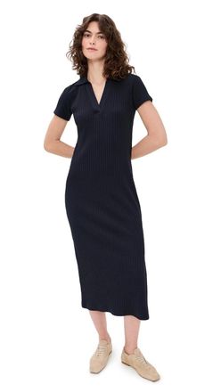 Vince Polo Dress Womens Coastal Ribbed Cotton V-Neck Short Sleeve GBO3805