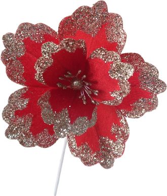 Christmas Sparkle Glitter Flower Stem Decoration 18cm - Red with Champagne Glitter | TJ Hughes