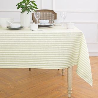 Solino Home Linen Tablecloth for Dining Table, Holiday and Everyday Dining Table Decor - Amalfi Stripe in Sage And White at Nordstrom, Size Xx-Large