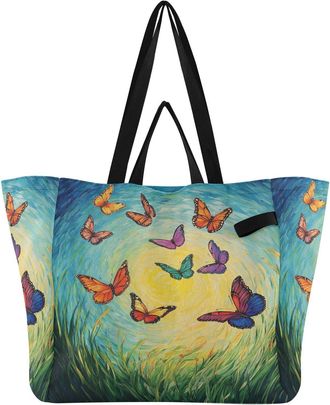 Generic Grass Colorful Butterfly print Reusable Canvas Tote Bag, Heavy Duty Grocery Shopping Bag with Hard Bottom Large Capacity Double Handles Work Groceries