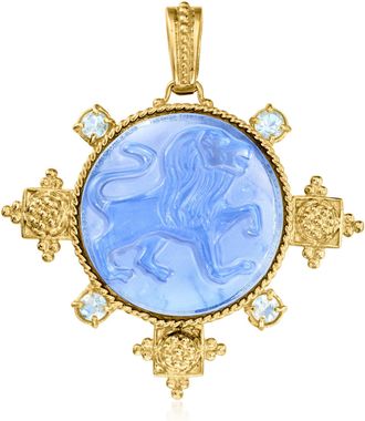 Ross-Simons Italian Tagliamonte Blue Venetian Glass Lion Pendant With Sky Blue Topaz in 18kt Gold Over Sterling