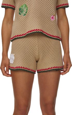 MC2 Saint Barth Beige Crochet Knit Set with Floral Embroidery