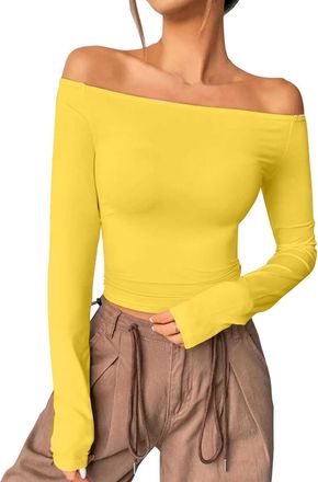 Generic 2025 Womens Off The Shoulder Tops Long Sleeve Basic T Shirts Going Out Cute Fall Fashion 2024 (Yellow, S)