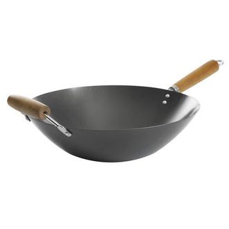 Kenmore Hammond 14 Inch Flat Bottom Carbon Steel Wok with Wooden Handles in Black at Nordstrom