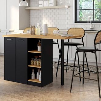 IDMarket Isola centrale CESAR 140 cm in legno nero con piano di lavoro effetto faggio