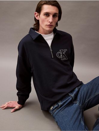 Calvin Klein Jeans Calvin Klein Mens Monogram Fleece Zip Polo Sweatshirt - Navy - 2XL