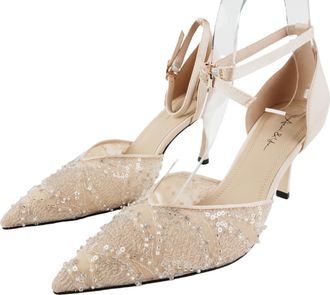 Generic Womens Elegant Pointed Toe Ankle Strap Heels Sequin Pumps for Evening Wedding Party Formal, Champange, 7.5 Narrow