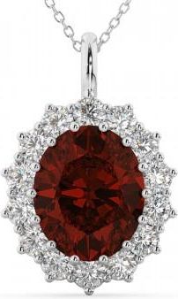 Allurez Oval Garnet & Diamond Halo Pendant Necklace 14k White Gold (6.40ct)