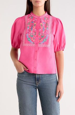 Sugarlips Kenedy Embroidered Puff Sleeve Top in Fuchsia at Nordstrom, Size X-Small