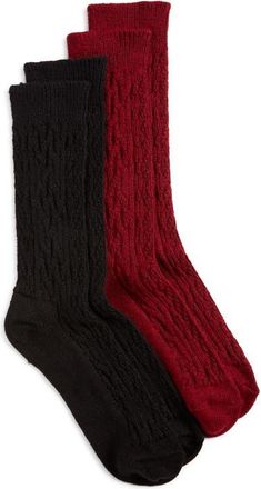 Hue Assorted 2-Pack Cable Crew Socks in Black/Burgundy Pack at Nordstrom