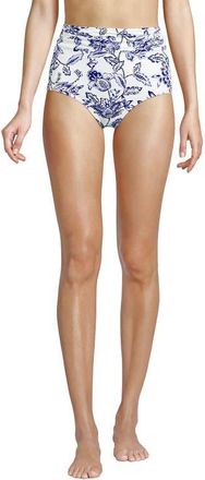 Lands End Chlorine Resistant Ruched Natural High Waisted Full Coverage Bikini Swim Bottoms in White/blue Vintage Floral at Nordstrom, Size 12