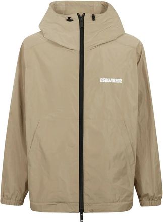 Dsquared2 Jassen, Heren, Beige, M, Sportieve Jas met Ritssluiting en Logo Print