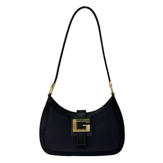 Gucci Black Navy Leather Canvas Shoulder Bag Tote Bag (Pre-Owned)