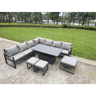 Fimous ALuminum 10-Seater L-Shaped Set with Lifting Table & 3 Footstools in Dark Grey