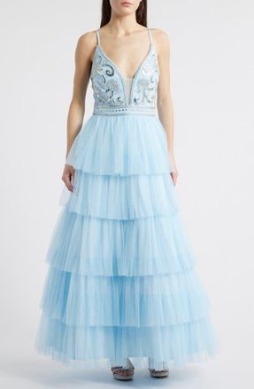 Jump Apparel Beaded Bodice Ruffle Tulle Gown in Light Blue at Nordstrom, Size 15