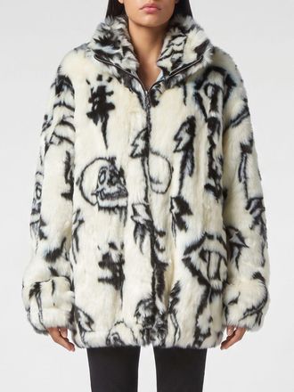 Philipp Plein Graphic Print Cropped Faux Fur Jacket with High Neck