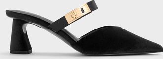 Charles & Keith Lando Velvet Pointed-Toe Metallic-Buckle Heeled Mules