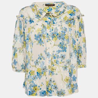 Roberto Cavalli White/blue Floral Print Silk Ruffled Blouse