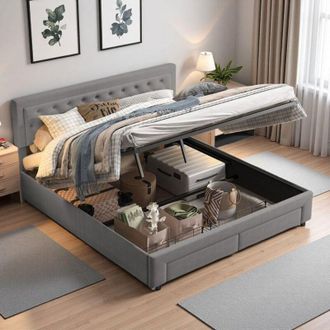OEM Cama Doble 160x200 - Cofre Hidr&aacute;ulico - Terciopelo Gris Claro - Caj&oacute;n De Almacenamiento - 2 Plazas