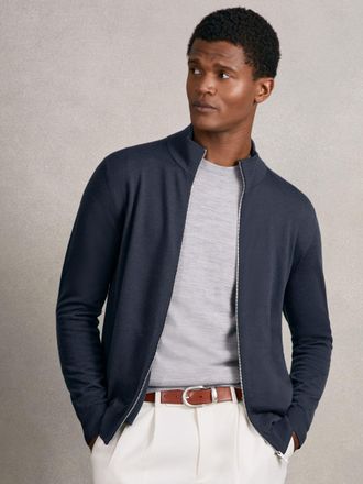 Reiss Midnight Navy Merino Wool Zip Through Cardigan, XL