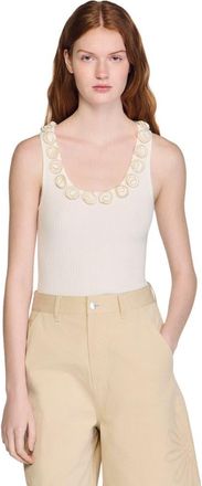 Sandro Ribbed sweater with beaded roses in White at Nordstrom, Size X-Small