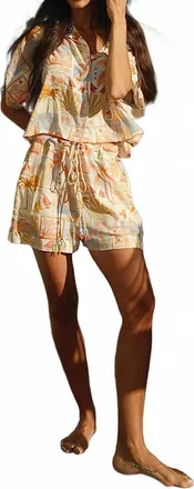 Tribal Drop Shoulder Short Sleeve Button Front Blouse In Postcard
