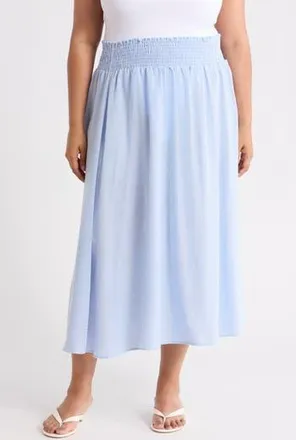 Renee C Pinstripe Smocked Waist Cotton Blend Skirt in Light Blue at Nordstrom Rack, Size 2X