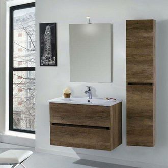 Mazzoni Mazzoni - Mobile da Bagno Sospeso 90cm Colonna P32cm Maiorca Light Noce Scuro Frassinato