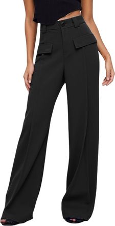 Generic Womens High Waisted Wide Leg Trousers Formal Dress Suit Pants Solid Color Casual Baggy Pants Button Elastic High Waist Trousers with Front Pockets (Bl
