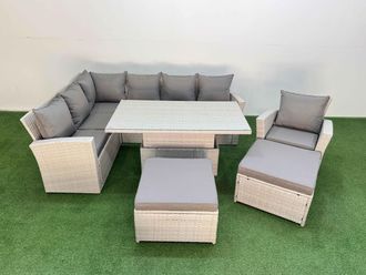 Fimous 9 Seat Garden Furniture Corner Sofa with 2 Big Footstools Light Grey