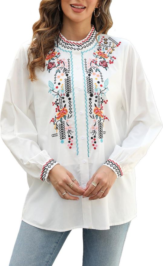 JD Williams Womens Embroidery Indian Style Bohemian Cotton Tops Long Sleeve  Shirts Casual Loose Tunics Blouse(Large,Black,127) from 43.99 - on Stylight