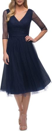 La Femme Tea Length Tulle Dress with Beading and Sheer Sleeve in Navy at Nordstrom, Size 10