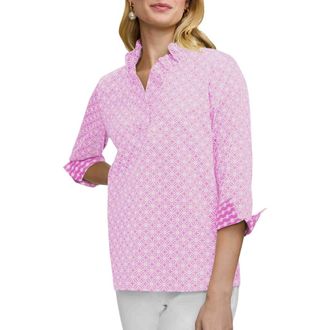 Foxcroft Tammy Geo Lattice Print Ruffle Collar Top in Pink/White at Nordstrom, Size X-Small