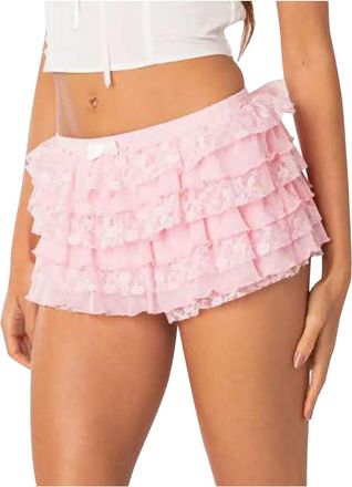 Generic Womens Layered Ruffle Shorts Elastic Waist Bow Front Lace Shorts Solid Color Casual Shorts Going Out Short Pants Y2k Summer Beach Bottoms
