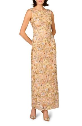 Aidan Mattox Sequin Floral Appliqu&eacute; Sheath Gown in Champagne Multi at Nordstrom, Size 18