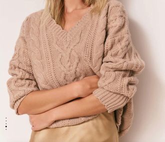 LoveShackFancy Croisette V-Neck Pullover Sweater In Camel