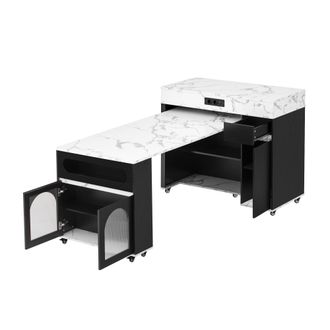 STILVORA Isla De Cocina Con 1 Caj&oacute;n, 2 Puertas De Vidrio, Mesa Extensible, Enchufes Y Ruedas Para Cocina, Negro