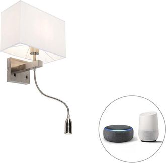 QAZQA Moderno L&aacute;mpara De Pared Inteligente De Acero Con Pantalla De Color Crema Blanco Con Wifi P45 - Bergamo Acero /textil Cuadrada /rectangular Incluye Le