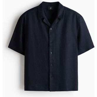 H&M Relaxed Fit Linen Resort Shirt in Navy Blue at Nordstrom, Size Xx-Large