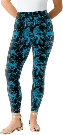 Roaman's Plus Size Essential Stretch Ankle Length Pull On Legging in Teal Paint Stroke at Nordstrom, Size Medium