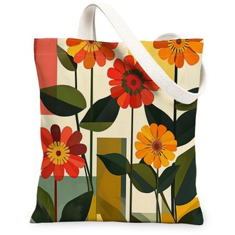 Generic Spring Aesthetic Zinnia Canvas Tote Bag for Shopping 13x15, Funky Retro Floral Reusable Grocery Print Pattern Bag for Women Men, Abstract Flower Aesth