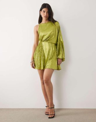 Asos Vestito corto monospalla drappeggiato verde oliva con paillettes opache