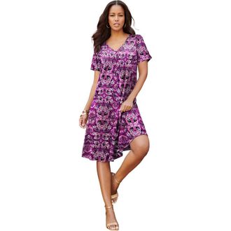 Roaman's Plus Size Short Sleeve Sleeve Swing Dress in Berry Mirror Paisley at Nordstrom, Size 32P