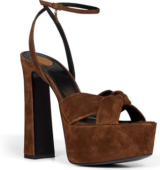 Saint Laurent Womens Platform Sandals Franciane Dark Havana Suede Brown Calf Leather