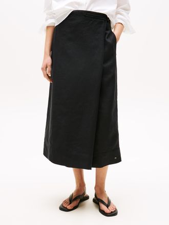 Tommy Hilfiger Wickelrock TOMMY HILFIGER ESS LINEN KNEE WRAP SKIRT, Damen, Gr. 34, schwarz, Web, Obermaterial: 76% Leinen, 24% Lyocell, unifarben, regular fit wadenl